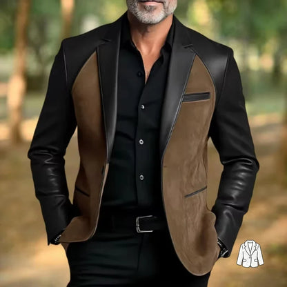 Retro Men's Faux Suede Jacket with PU Leather Collar & Shoulder 2 Buttons Two-Tone Blazer Contrast Trim Coat