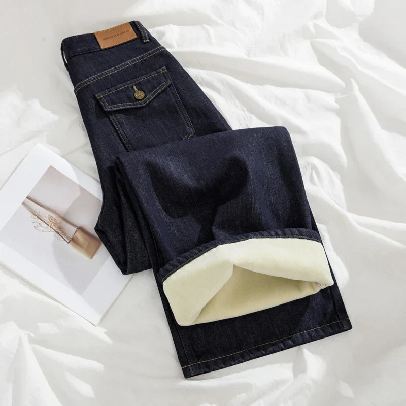 Wide Legs Fleece Jeans Women Winter Loose Velvet Casual Pants Comfortable Warm Straight Fashion Pocket Plush Denim Trousers