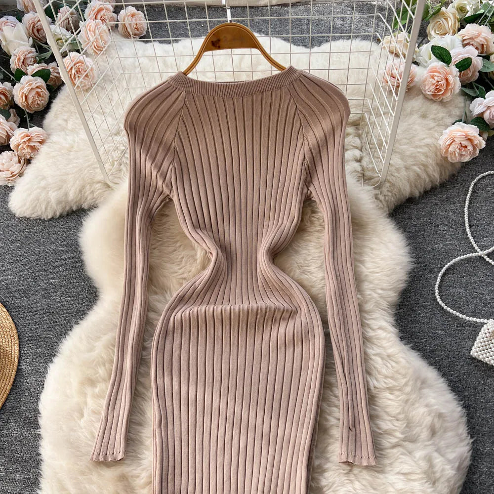 Winter Women Knit Maxi Dress O Neck Autumn Long Sleeve Slim Solid Harajuku Ladies Fashion Pencil Sweater Long Dresses