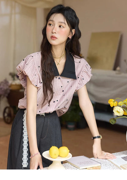 Summer Office Lady Blouses Women 2025 Short Sleeve Turn-down Collar Polka Dot Shirts Female Fashion Slim Tops MXE31C0776