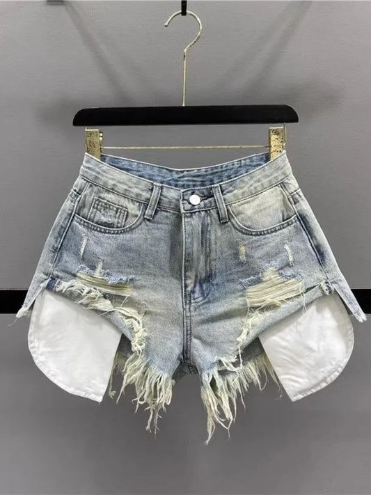 Vintage Ripped Denim Shorts for Women Blue Sexy Korean Y2k Shorts Gyaru High-waisted Streetwear Short Jeans Aesthetics