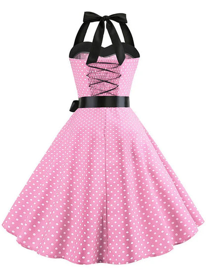 Women Polka Dot Print Summer Dress Sexy Retro White Halter Vintage Dress Robe Femme Pin Up Rockabilly Party Dress