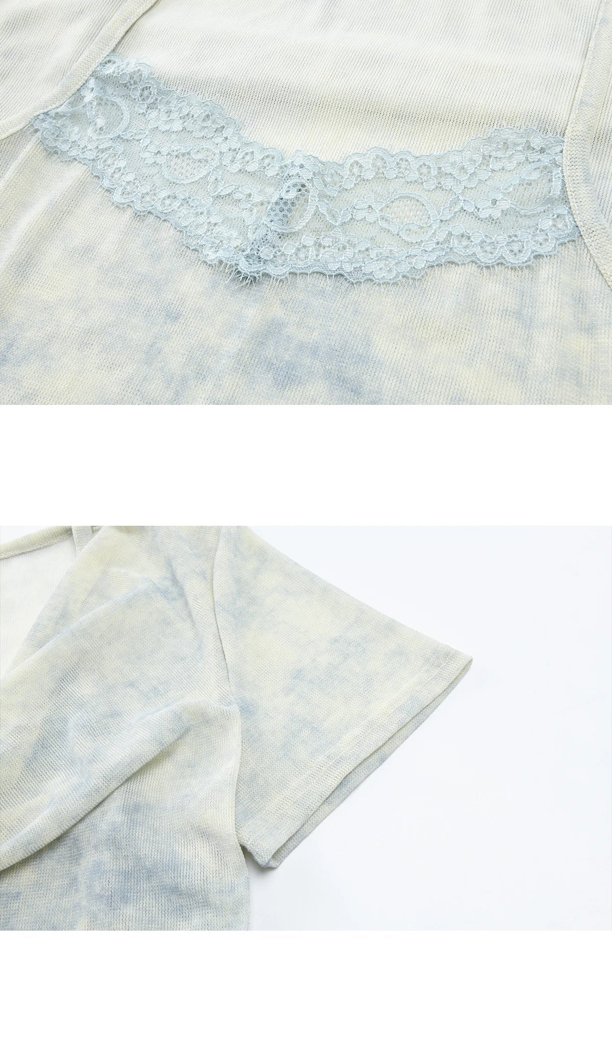 Blue Tie Dye T-Shirt For Women 2026 Summer New Swing Collar Lace Pleated Slimming Breathable French Style Top MXF22T1617