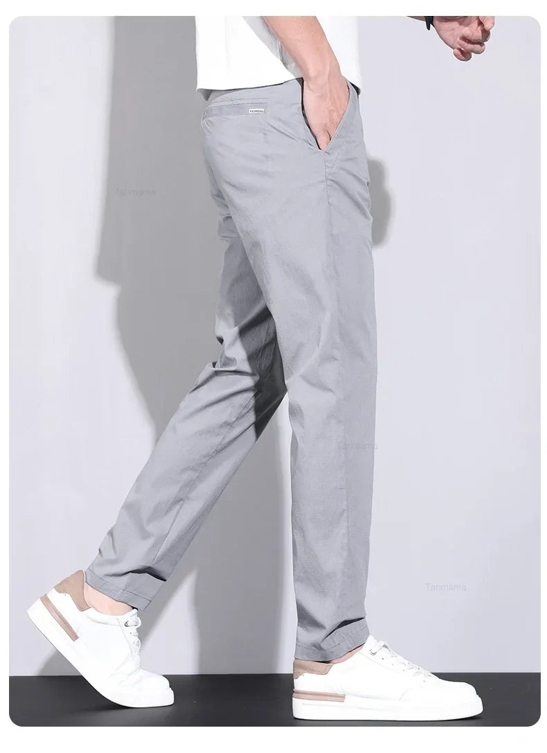 Ultra-thin Elastic Men's Casual Pants 2024 Summer Ice Silk Cotton Fashion Slim Straight Business Trousers Black Gray Khaki