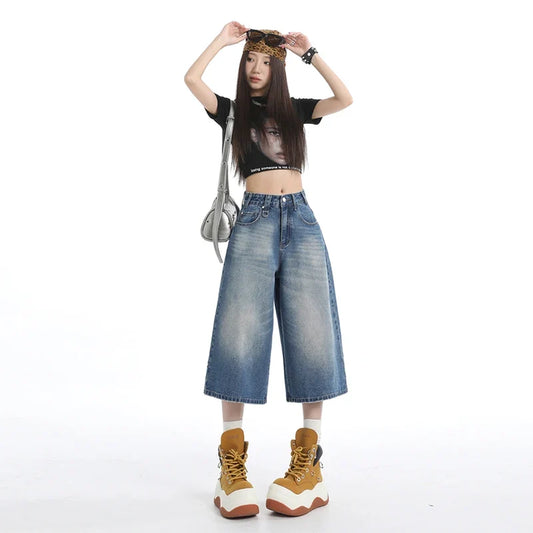 Women's American Vintage High Waist Denim Capri Design Sense Straight Leg Wide Leg Casual Shorts
