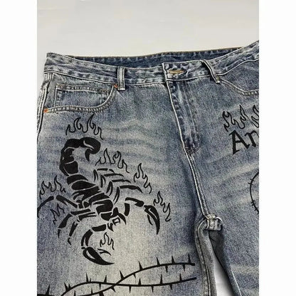 Autumn and Spring New Fashion Trend Printed Straight Leg Sports Denim Pants Men's Loose Comfortable Plus Size High Quality Pants