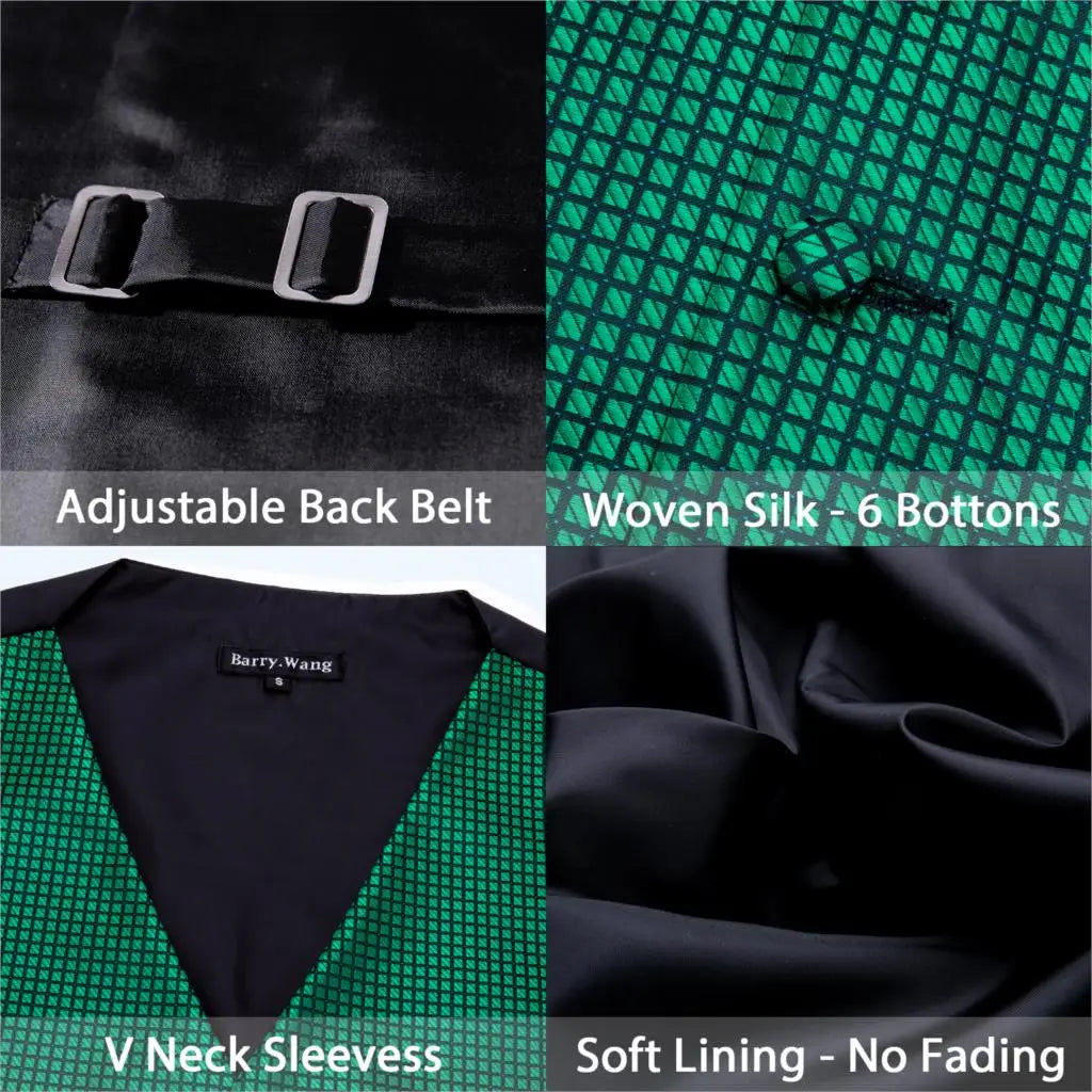 Green Suit Vest Men Paisley Waistcoat Plaid Silk Tie Handkerchief Cufflinks for Wedding Summer Vests Tuxedo MJ-2004 Barry.Wang