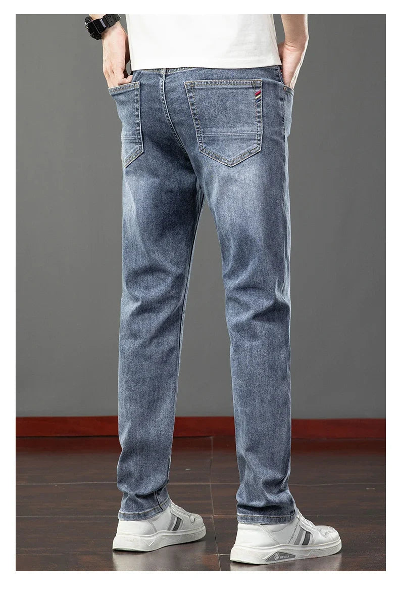 Spring Summer Thin Men's Jeans Fashion Korean Elastic Slim Straight Business Casual Denim Pants Classic Washed Male Trousers