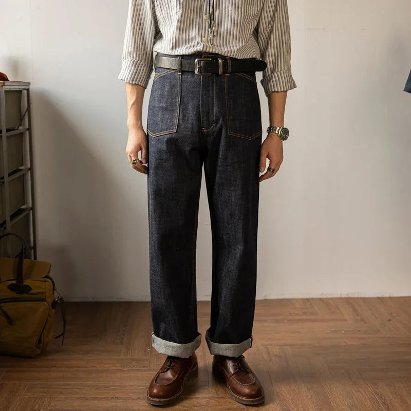 Denim Railroad Pants High Waist Rugged Style Selvage Jeans Back Buckle