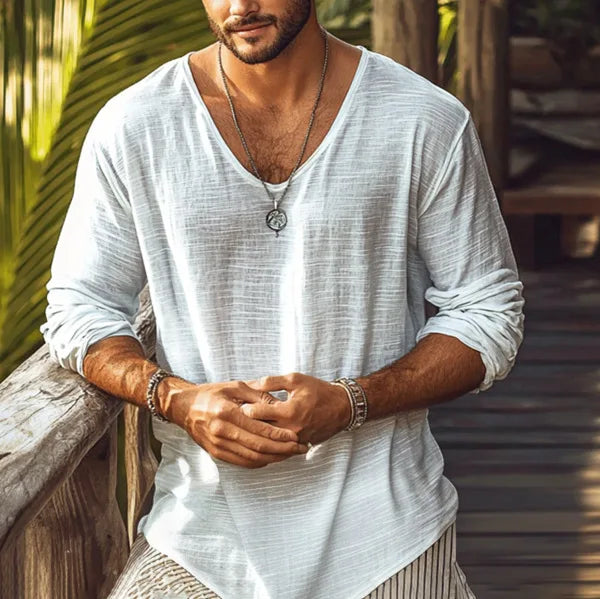 3XL Sexy Curved Hem V Neck Long Sleeve T Shirt Men Loose Fit Casual Daily Office Beach Lightweight See Through Basic Tee Sheer
