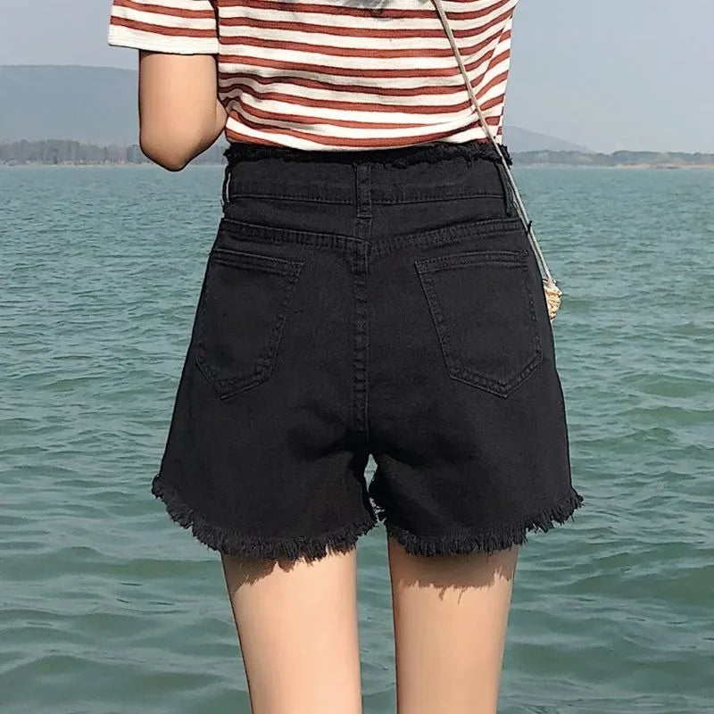 Spring Summer Women Short Jeans Women Wide Leg Denim Shorts Fashion Female High Waist Black Tassels Caual Denim Shorts Girls