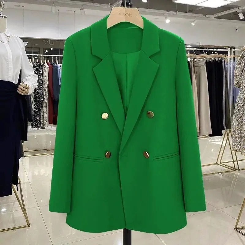 Blazer Woman Autumn Spring Long Sleeve Double Breatsed Lapel Loose Coat Slim Casual Jackets Office Ladies Vintage Blazers