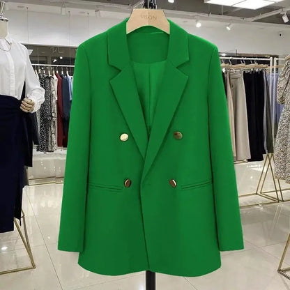 Blazer Woman Autumn Spring Long Sleeve Double Breatsed Lapel Loose Coat Slim Casual Jackets Office Ladies Vintage Blazers