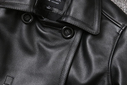 Genuine Leather Jacket Men's Top Layer Cowhide Jacket Mid-Length Men's Lapel Windbreaker Slim-Fit Jacket Double-Breasted