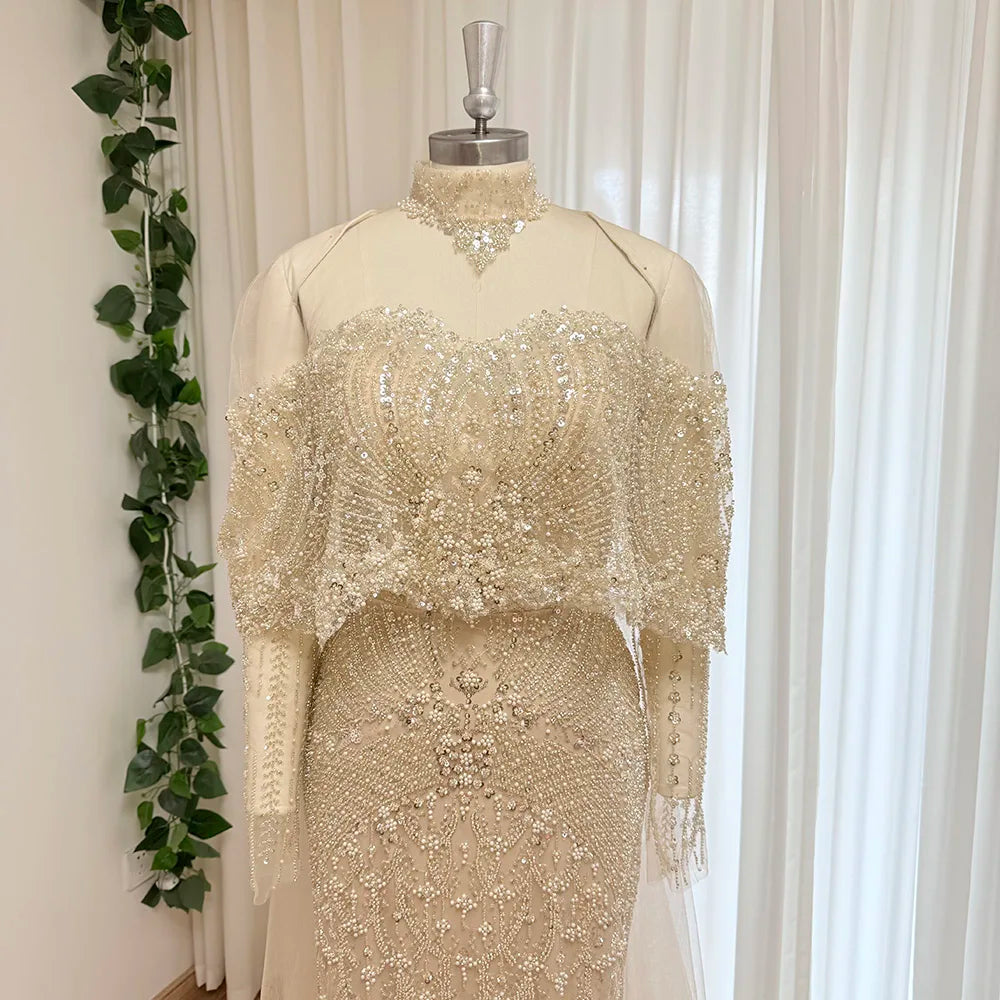 Beaded Mermaid Evening Dress for Women 2026 Elegant High Neck Long Sleeves for Women Wedding Party Gown Customized