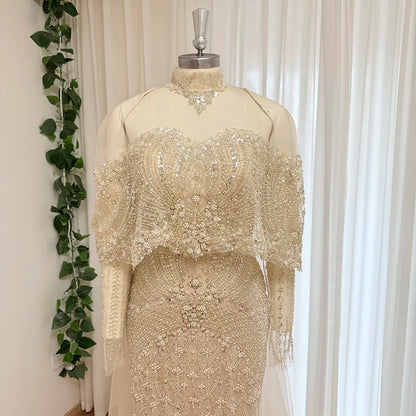 Beaded Mermaid Evening Dress for Women 2026 Elegant High Neck Long Sleeves for Women Wedding Party Gown Customized