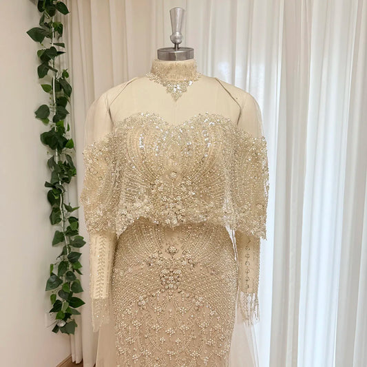 Beaded Mermaid Evening Dress for Women 2026 Elegant High Neck Long Sleeves for Women Wedding Party Gown Customized