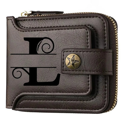 Men's Custom Wallet - Personalized Artificial Leather Men's Engraved Name and Letter Wallet, Father's Day Dad Gift, Brown
