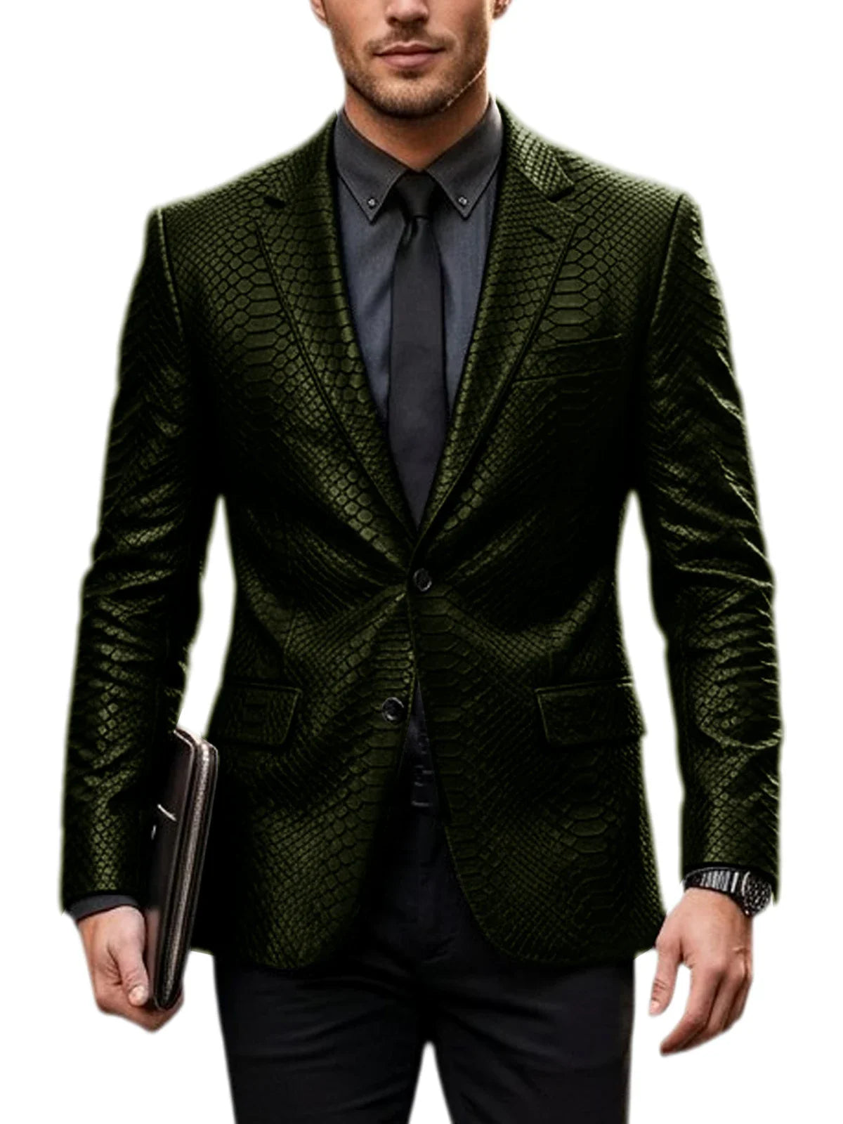 Men's Luxury Crocodile Pattern Leather Blazer Slim Fit Two Button Notch Lapel Suit Jacket Business Casual Wedding Tuxedo Dress