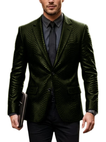 Men's Luxury Crocodile Pattern Leather Blazer Slim Fit Two Button Notch Lapel Suit Jacket Business Casual Wedding Tuxedo Dress