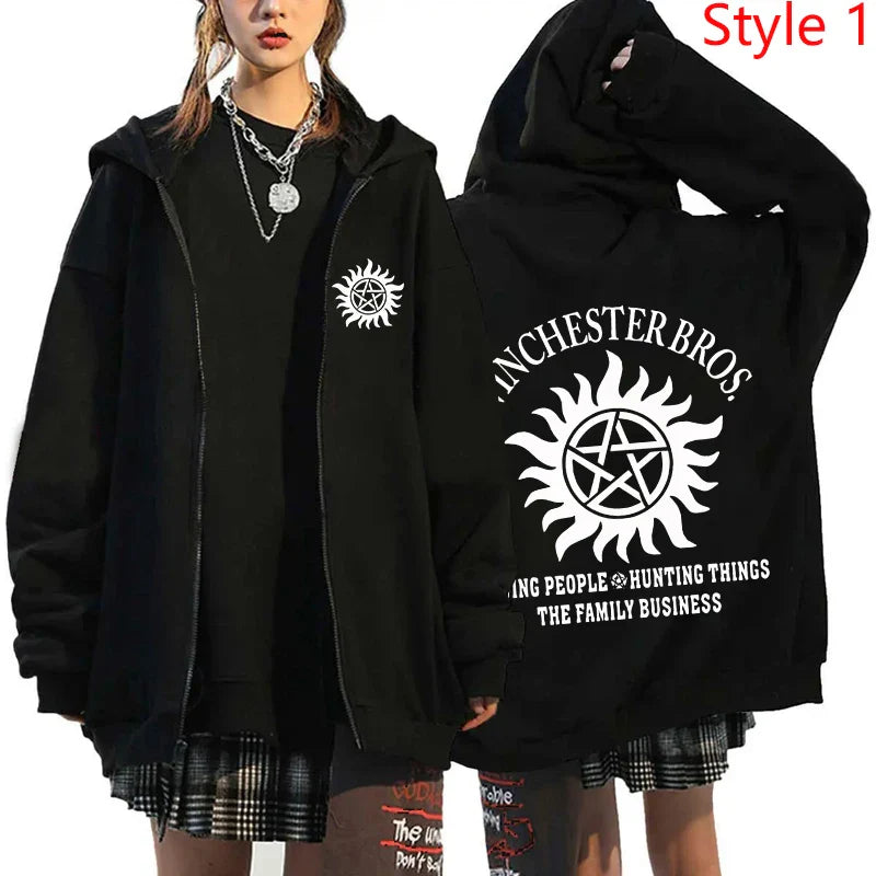New Supernatural Printed Zipper Hooded Fashion Women Men Sweatshirt Casual Sport Hoodie Personality Zipper Long Sleeve Coat