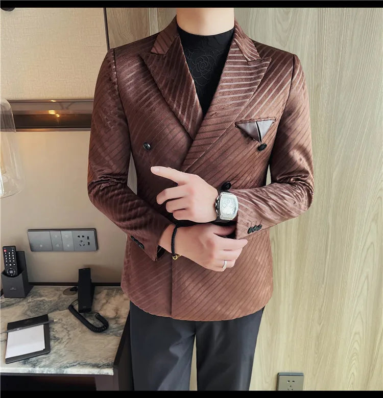 British Style Luxury Men Double Breasted Twill Suit Jacket High Quality Fashion Business Slim Fit Groom Social Party Suit Dress