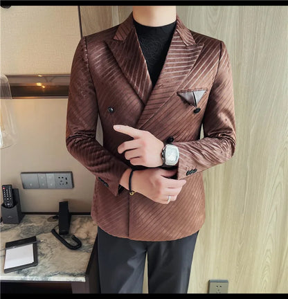 British Style Luxury Men Double Breasted Twill Suit Jacket High Quality Fashion Business Slim Fit Groom Social Party Suit Dress