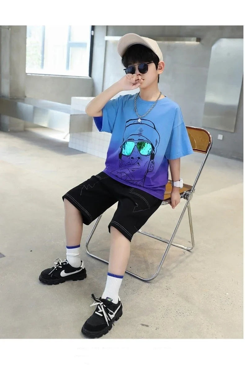 Summer Casual Boys 3D Graffiti Gradient Color T-Shirt Tops+Jean Shorts School Kid Tracksuit Child 2PCS Outfit Workout Set 5-16Yr