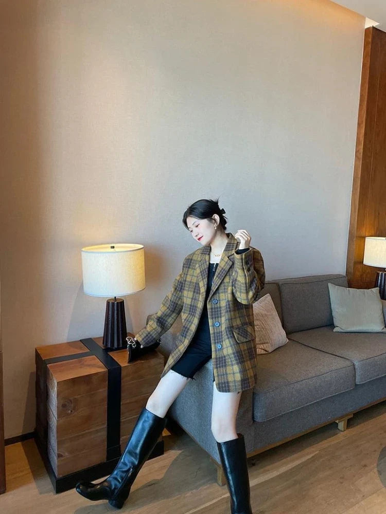 Women's Mid-Length Plaid Wool Coat 2025 Autumn Winter Arrival, Korean Style Warm Blazer, Trendy Yellow Brown Checkered Jacket