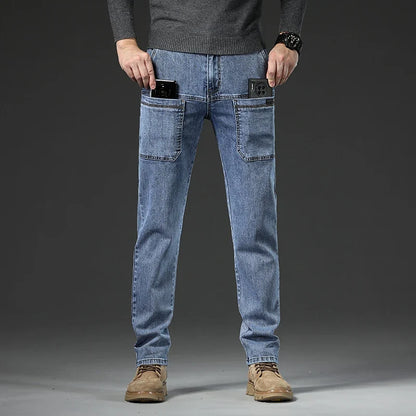6 Pocket Design Denim Jeans Men's 2025 New High Elasticity Denim Casual Trousers Straight Male Pants Fashion Mid-waist Jeans