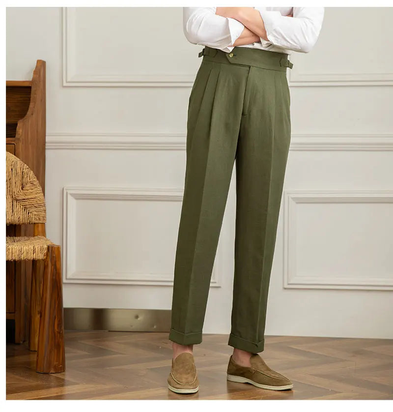 Three Gentleman Summer Naples Casual Straight Pants Men's Commuting Cotton and Linen Comfortable Breathable High Waist Pants