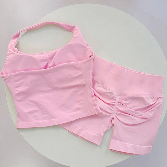 2 Pieces Sports Set Women Backless Halter Tops High Waist Seamless Hight Stretch Shorts Gym Suit Sportswear Workout Sets