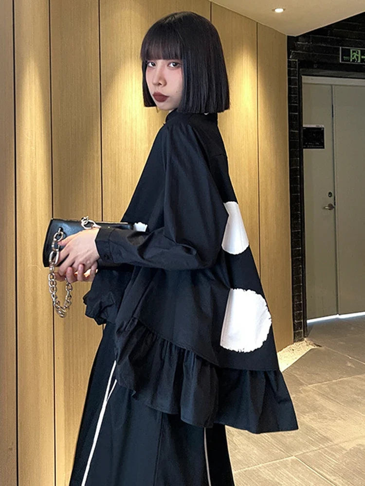 Women Black Color-block Dot Big Size Blouse New Lapel Long Sleeve Large Hem Shirt Fashion Tide Spring Autumn 2026 1DH4274