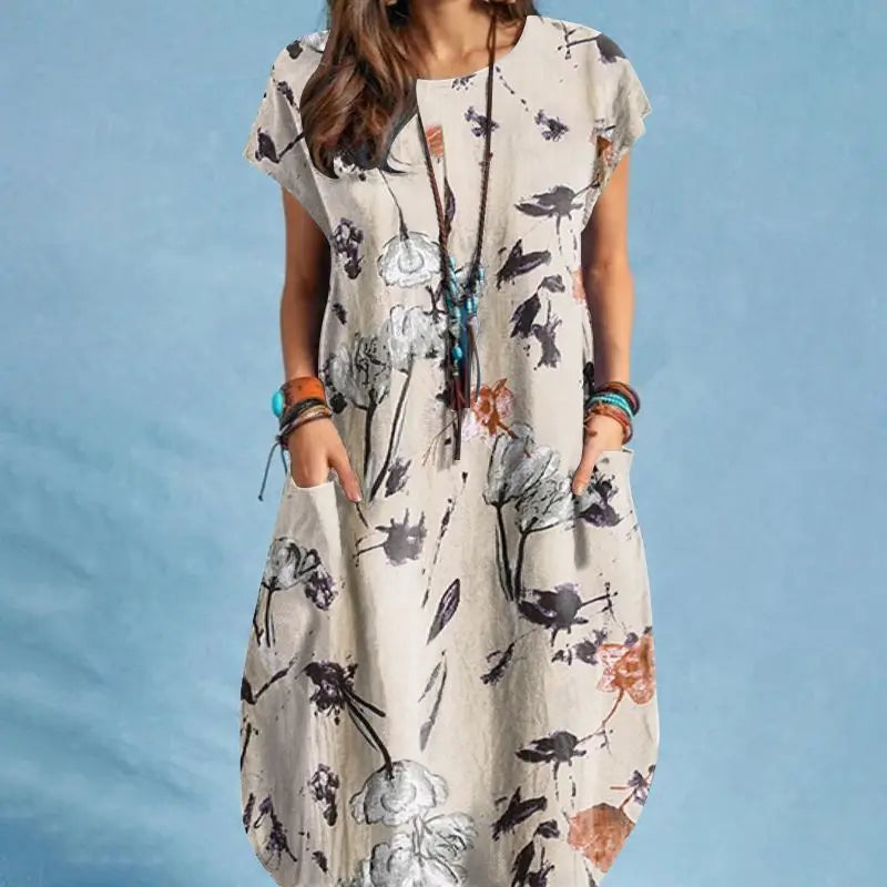 Women Summer Dress Bohemian Floral Print Vestido O-Neck Short Sleeve Pockets Sundress Fashion Casual Elegant Holiday Robe