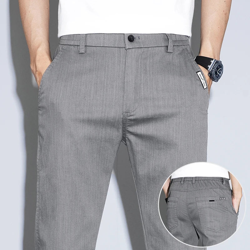 Spring Summer Thin Men's Slim Straight Casual Pants Fashion Korean Solid Color Elastic Comfortable Business Gray Trousers