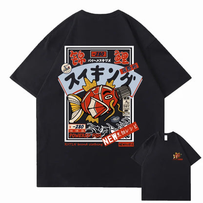 Hip Hop Streetwear Harajuku T-shirt Japanse Kanji Fish Print T-shirt 2024 Mannen Katoen Casual Korte Mouw T-shirt Japan Stijl