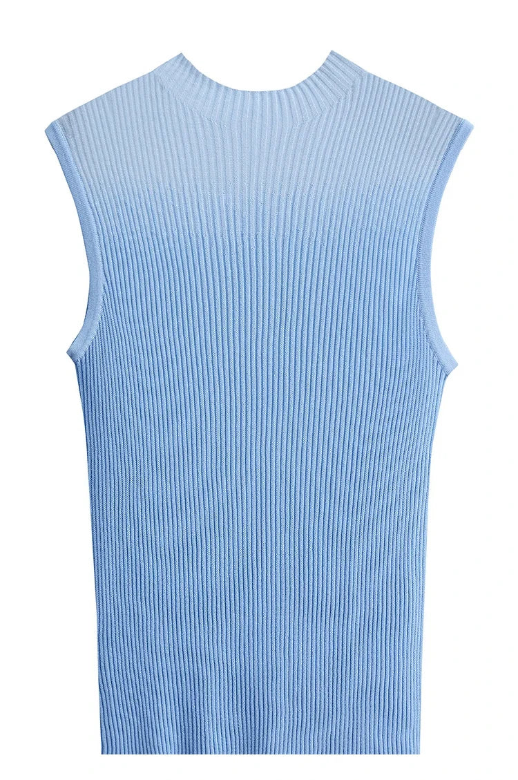 Women Top Minimalist Summer New Solid Color Mock Neck Sleeveless Slim Elastic Double Curved Yarn Knitted Camisole 12542249