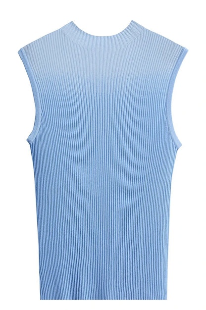 Women Top Minimalist Summer New Solid Color Mock Neck Sleeveless Slim Elastic Double Curved Yarn Knitted Camisole 12542249