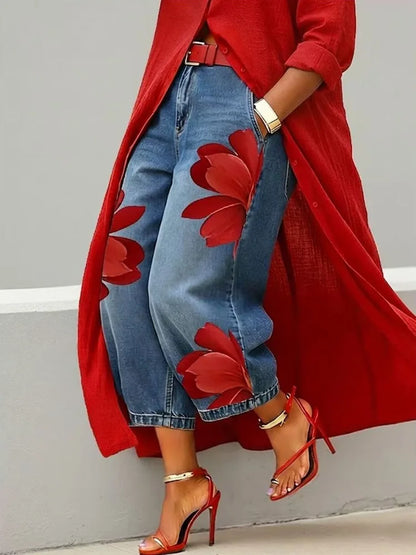 Women's High Waist Cropped Jeans Large Red Floral Print Relaxed Fit Denim Capri Pants 2026 Summer Streetwear Pants
