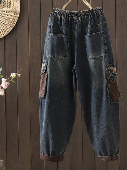Retro Ethnic Print Patchwork Embroidered Denim Jeans Women Loose plus Size Embroidered Nine Points Harlan Pants Spring