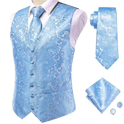 Jacquard Silk Mens Waistcoat Tie Set Sleeveless Jacket Necktie Hanky Cufflinks Suit Gold Blue Black Vest Wedding Business