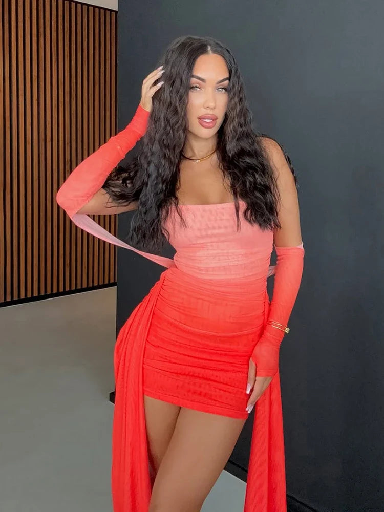 Mesh Simple Mini Dress Fashion Solid Strapless Ribbons Tassel Body-shaping Vestidos+Seperately Full Sleeve Gloves