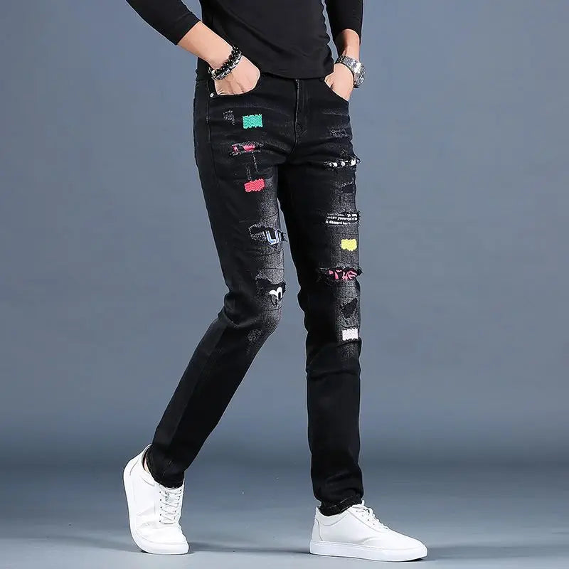 Harajuku Fashion Men's High-end Embroidered Jeans Korean Style Prints Patches Slim Fit Casual Spring Autumn Cowboy Trousers