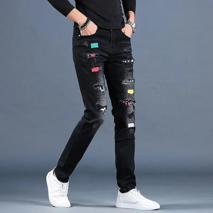 Harajuku Fashion Men's High-end Embroidered Jeans Korean Style Prints Patches Slim Fit Casual Spring Autumn Cowboy Trousers