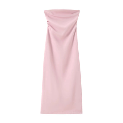 Women Fashion Summer New Sexy Split Back Zip Pleated Sleeveless Strapless Dress Chic Female French Elegant Evening