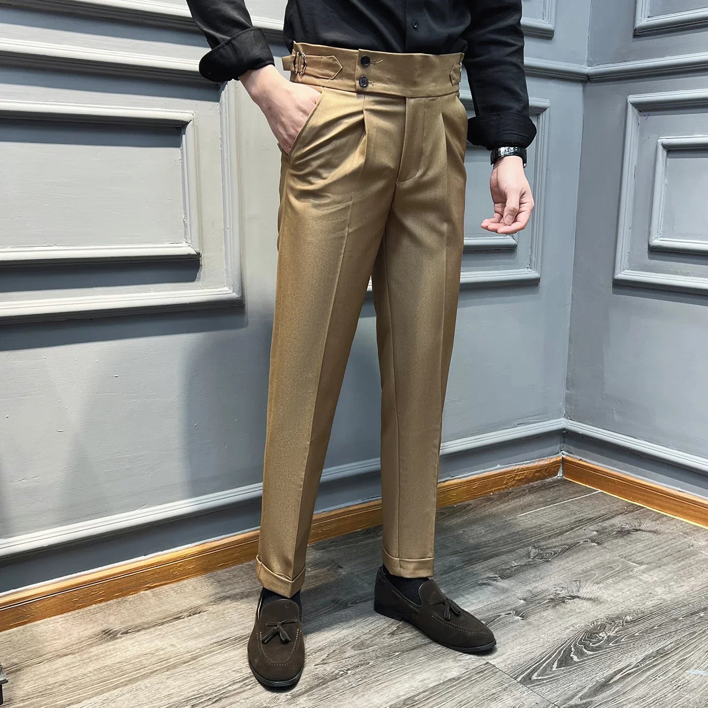 Italian Style Naples High Waisted Straight Pants Men High Quality Solid Color Business Casual Formal Office Social Suit Pants