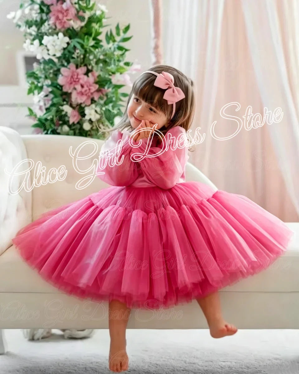 Customized Lovely Pink Flower Girl Dress For Wedding Puffy Knee Length Kids Birthday Party First Communion Ball Gowns