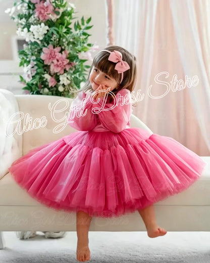 Customized Lovely Pink Flower Girl Dress For Wedding Puffy Knee Length Kids Birthday Party First Communion Ball Gowns
