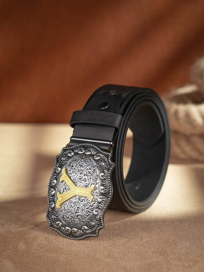 Western Cowboy PU Leather Belt - Men Waist Strap Bull Decoration Floral Engraved for Jeans