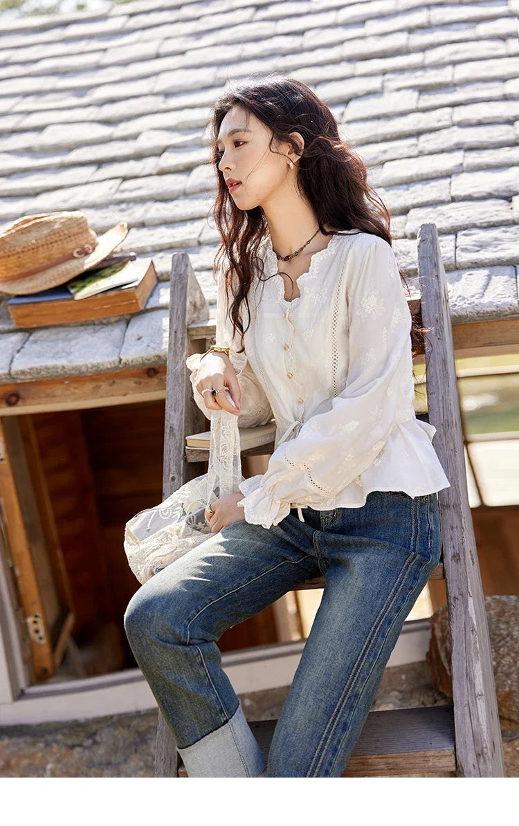 Embroidered Blouse Women 2025 Spring New French Elegant Apricot Lace Premium Drawstring Design V Neck Tops MXE11X1708